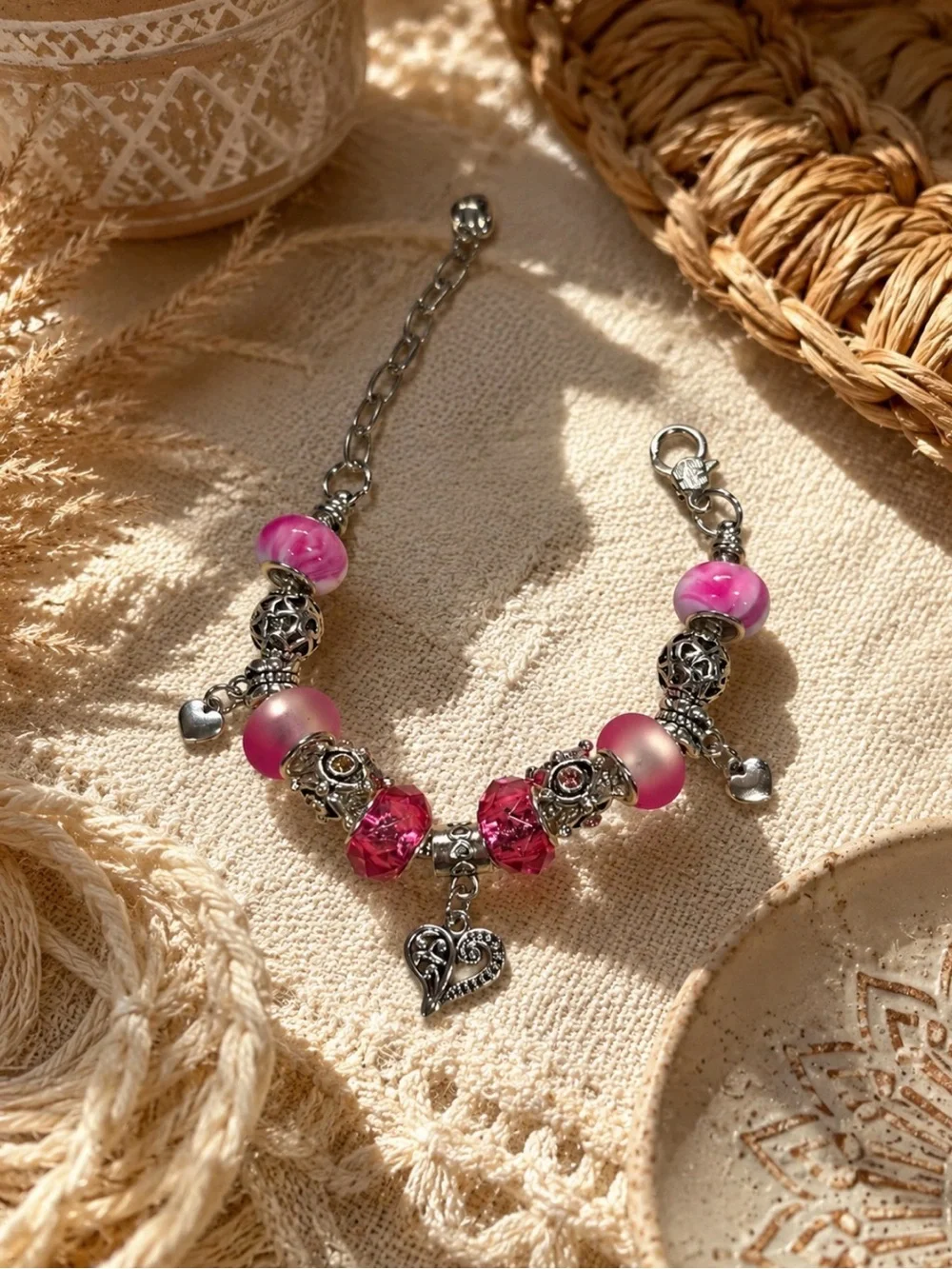 Pink Hearts Charm Bracelet | Handmade Silver Beaded Bracelet